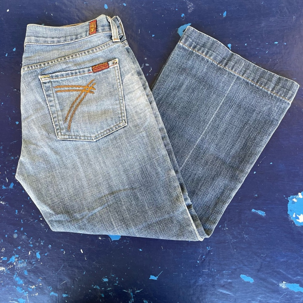 Seven 7 Jeans Gold Pocket Stitched Distressed Blue Denim Flare Sz 28 X 24
